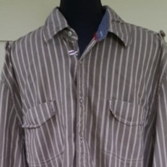 DENIM Striped Khaki Green Cotton Western Shirt (XXL) - Picture 4 of 14